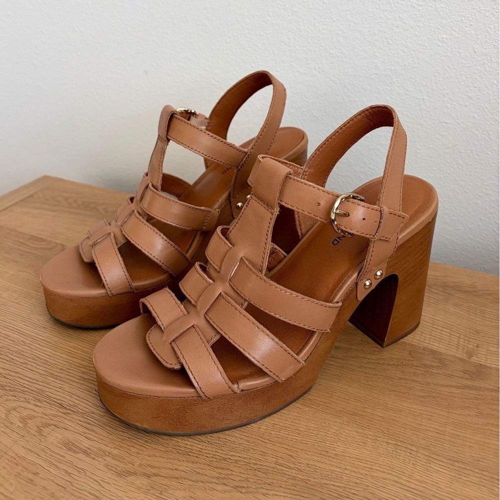 Lucky Brand Tan Leather Platform Sandals Strappy Wood Block Heel Size 8